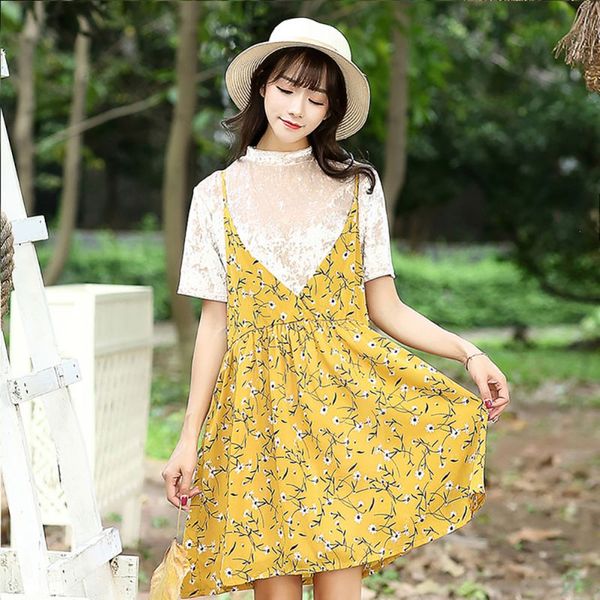 

casual v-neck a-line dress women fashion floral print spaghetti strap dresses korean style 2019 summer female vestidos, Black;gray