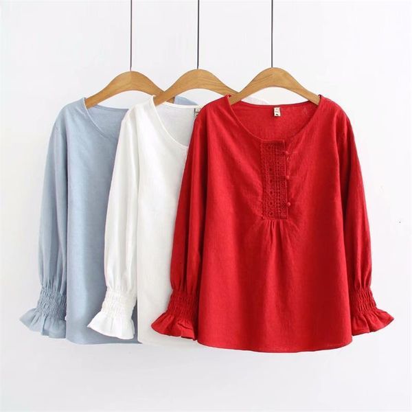 

plus size black & red & blue jacquard blouses vrouwen casual o-hals met lange mouwen lace shirt lente herfst katoen dames, White