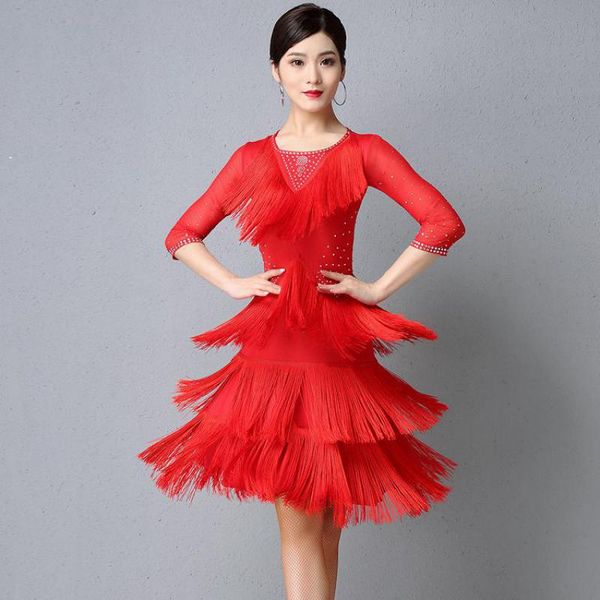 

latin dance dress women/girls/lady tassel fringe sequin salsa/ballroom/tango/cha cha/rumba/samba/latin dresses for dancing, Black;red
