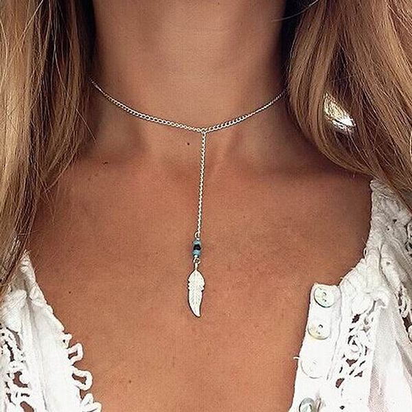 

fashion feather pendant necklaces bohemian style leaf long y necklaces for women maxi sweater accessories, Silver