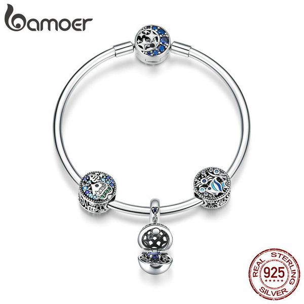 

bamoer 100% 925 sterling silver tropical fish ocean charm bracelets for women moon star blue bracelet & bangle jewelry scb813, Golden;silver