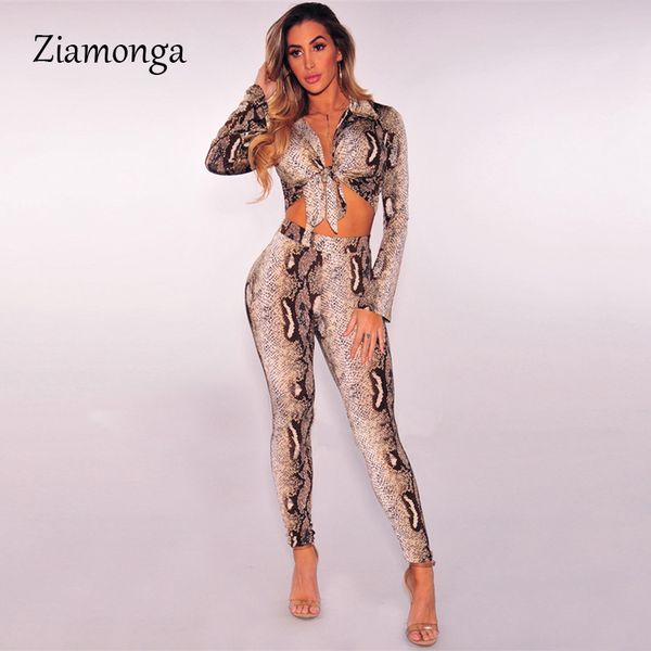 

ziamonga leopard snake print two piece set women fall clothes club outfits long sleeve crop pant 2 piece matching set, White