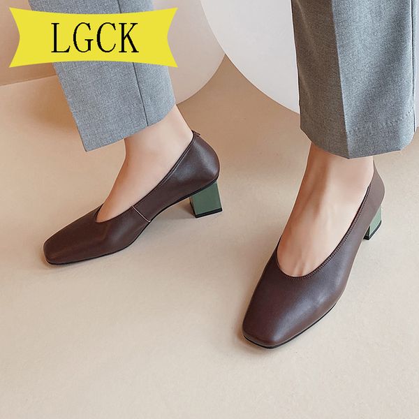 

плюс размер 34-40 женщин насосы обувь коровья кожа натуральная кожа толстый высокий каблук перчатки обувь реальный квадратный носок офис, Black