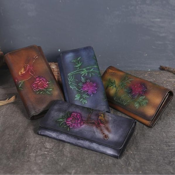 

trend selling new national style leather clutch bag hand-painted embossed personality long wallet fashion two fold ladies retro leather wall
