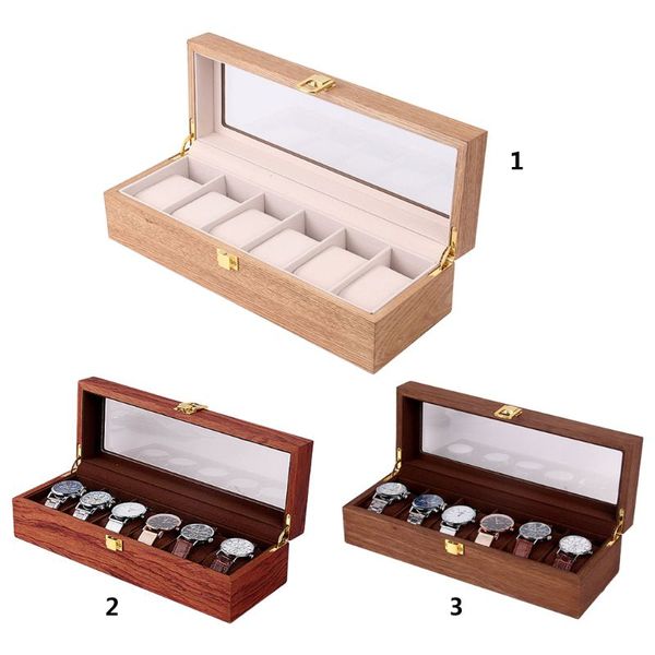 

6 slots wooden case watch dial wood storage box with lock fashion watches gift jewelry display boxes, Pink;blue