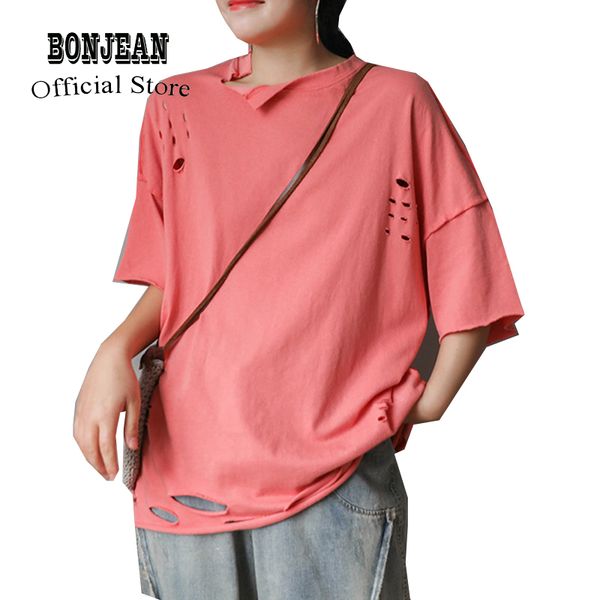 

womens 100% cotton t shirt tees slash ripped holes big loose oversized fashion casual for summer az20301439, White