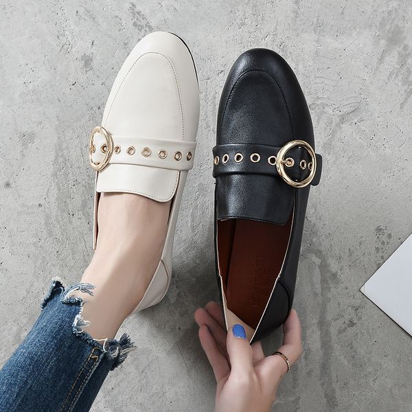 

metal circle rivet decoration flat shoes woman square toe buckle flats mules ladies slip on loafer shoes flat moccasins s189, Black