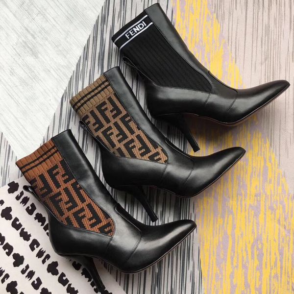 

fashion vintage knit letter stretch pointed boots fashion knitted cowhide high heel boot women sock boots personality night club party boot, Black