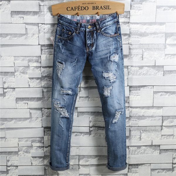 

new multi hole patchwork denim pants for men biker skinny ripped jeans punk style jeans fashion designer pants clothing, Blue