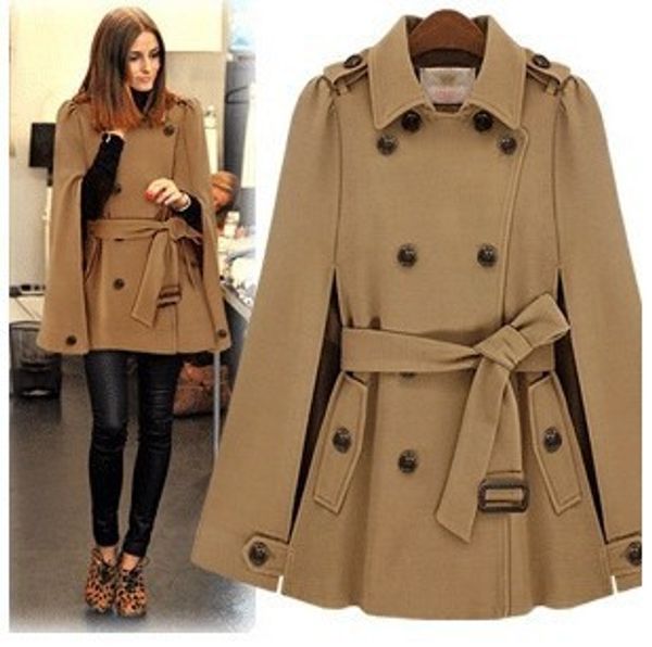 

new fashion women's wool cape coats camel double-breasted trench jacket plus size female woolen outwear autumn winter overcoat, Black