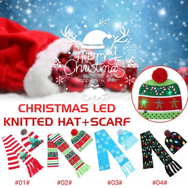 

2018 christmas ornaments party santa hats scarf boys girls cap color christmas halloween led light knit hat props
