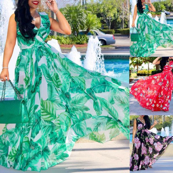 

new style women dresses boho floral long dress sleeveless party holiday beach deep v neck print sundress fashion 2019, Black;gray