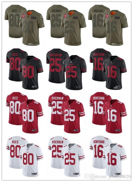 

men women youth san francisco 49ers nfl jersey 16 joe montana 80 jerry rice 25 richard sherman 10 jimmy garoppolo football jerseys, Black;red