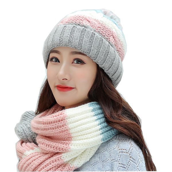 

hat female winter wool hat scarf gloves three pieces set fashion trends joker sweet lovely knit cap collar suits girls beanie, Blue;gray