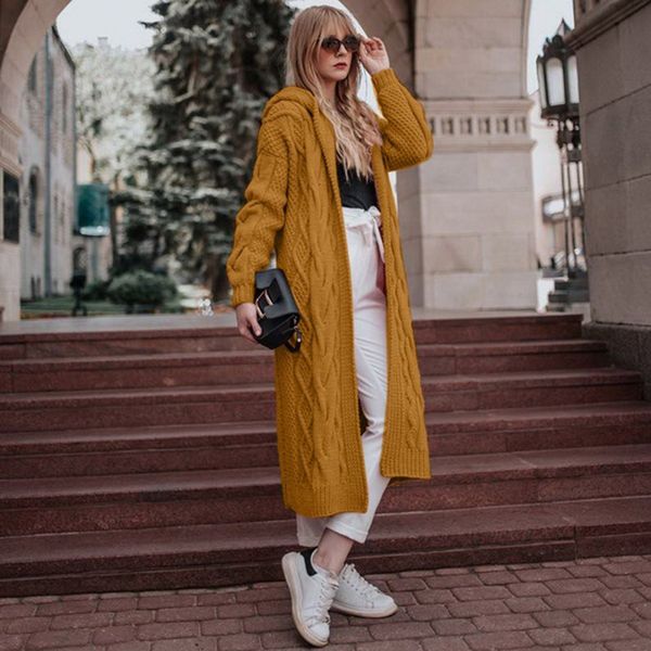 

winter women causal solid open stitch long female sweater knitted cardigans oversized loose hooded thick outwear, White