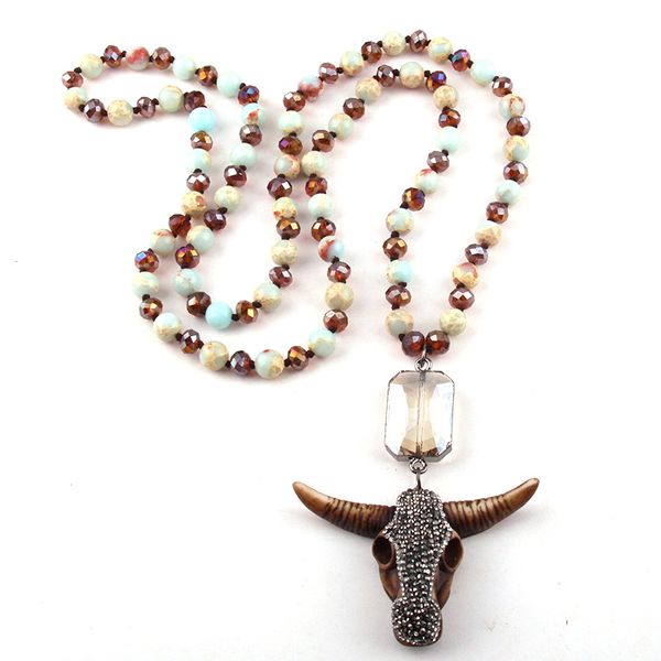 

fashion stone / glass long knotted rectangle crystal link horn pendant necklace women lariat necklaces, Silver