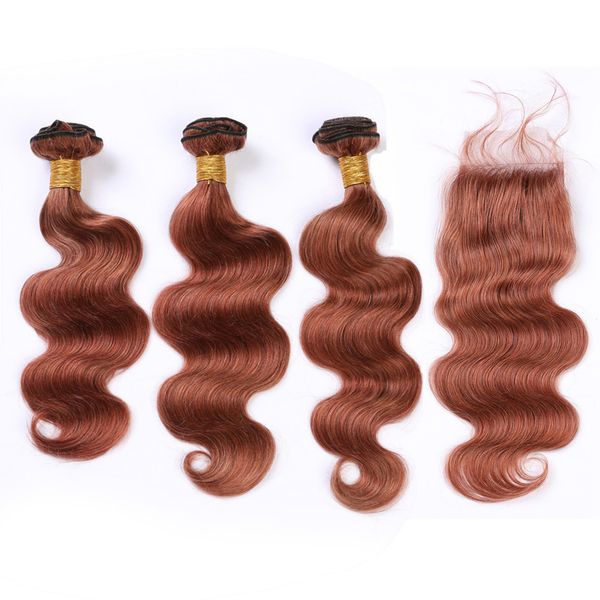 Malaysian Dark Auburn Human Hair Lace Closure With 3 Bundles 33