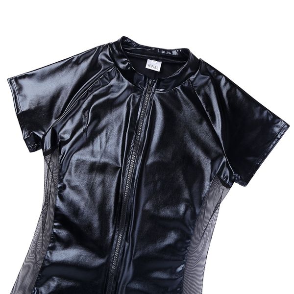 

bodysuit leather mens front zipper one-piece swimsuit thong leotard bodysuit with see-through mesh side for night club party men's swim