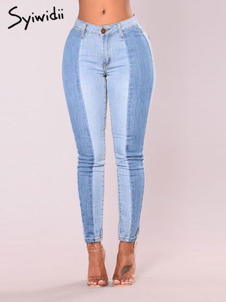 

pencil pants skinny jeans woman patchwork streetwear plus size blue bleached full length trousers street style womens clothing