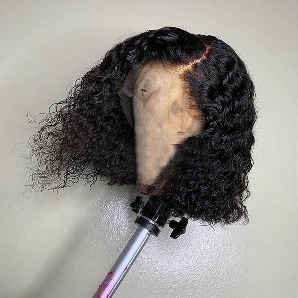 

bob lace front wig 13x6 deep part preplucked brazilian virgin short curly frontal closure human hair wigs for black women, Black;brown