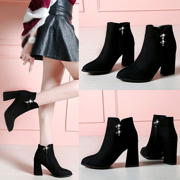 

fashion women suqare heels zipper pure color rhinestone booties round toe shoes fashion ankle boots snow boots winter#e30, Black