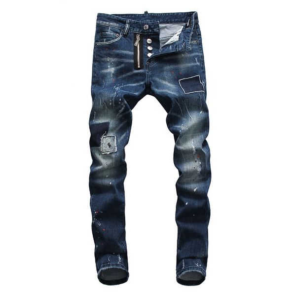 

european american famous italy jeans men slim jeans men denim trousers button patchwork blue hole jeans pant for men