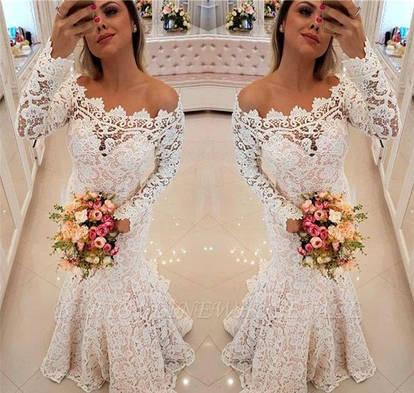 Роскошные русалки свадебные платья 2019 полное кружево с плечо длинные рукава сад страны церковь невесты свадебные платья на заказ плюс размер