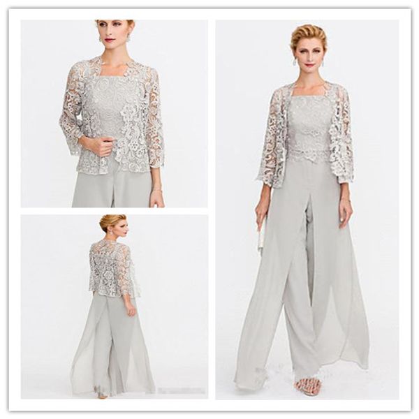 

2019 gray mother of the bride dresses three pieces lace jackets mothers dresses for wedding events pants suit evening gown, Black;red