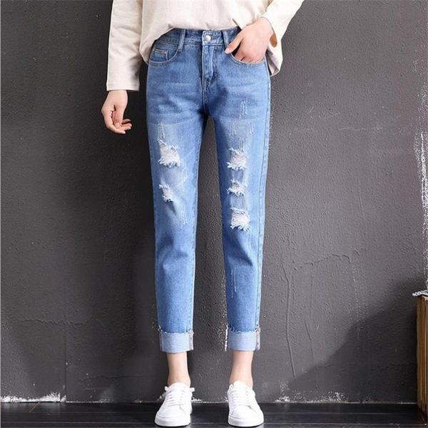 

woman summer thin jeans pantalon hole harem pants ankle-length trousers loose breathable capris sarouel pantalones cortos, Blue