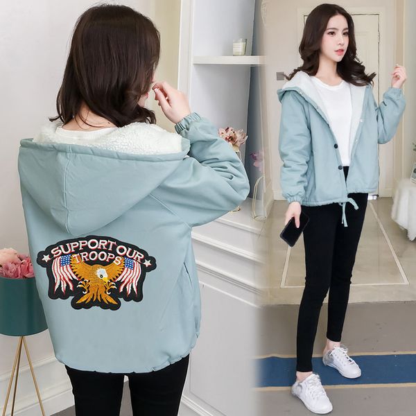 

p shoot 2019 autumn and winter new style korean-style women's wear large size fat mm students hooded lambs wool brushed and, Blue;black