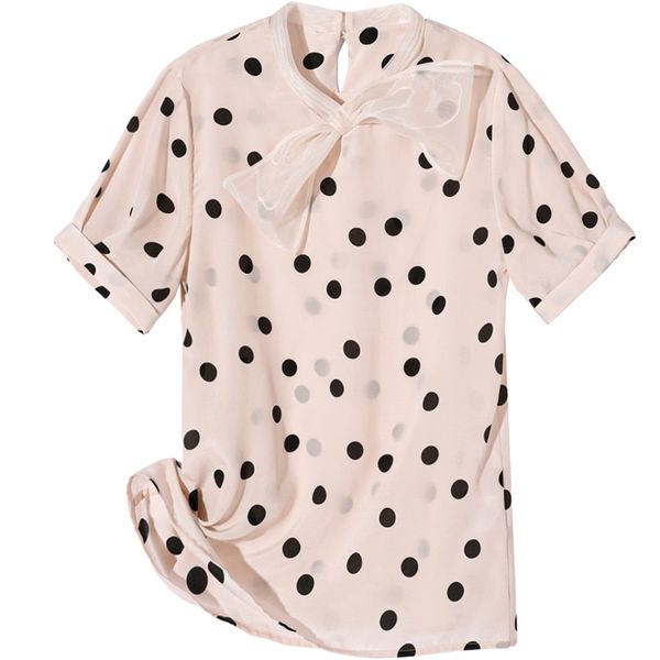 

women shirt spring / summer 2020 new women lace bow dot shirt short sleeve printed top, White