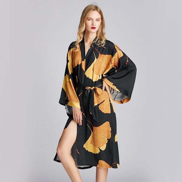 

black satin kimono gown nightgown spring new print robe casual sleepwear nightdress silky intimate lingerie home clothes, Black;red