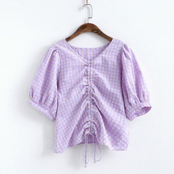 

women 2020 summer korean exposed navel casual slim thin girl v-neck female adjustable lattice pleated drawstring blouse, White