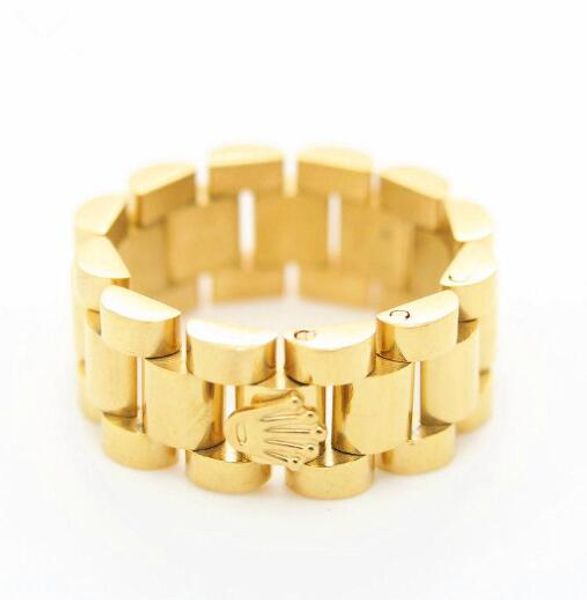 

New luxury 10mm tainle teel 18k gold plated link ring hiphop men watchband tyle pre ident crown band ring kka1915