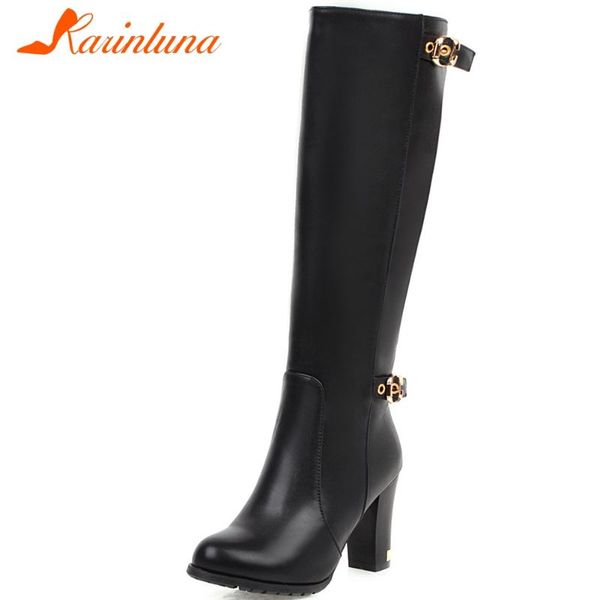 

karin new female high heels metal winter prom party boots zipper buckle belt boots women mid calf shoes woman, Black