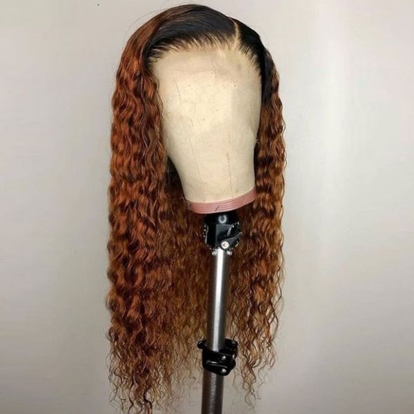 

natural curly ombre t1b/27 color lace front human hair wigs for black women brazilian remy hair wig pre plucked bleached knots, Black;brown