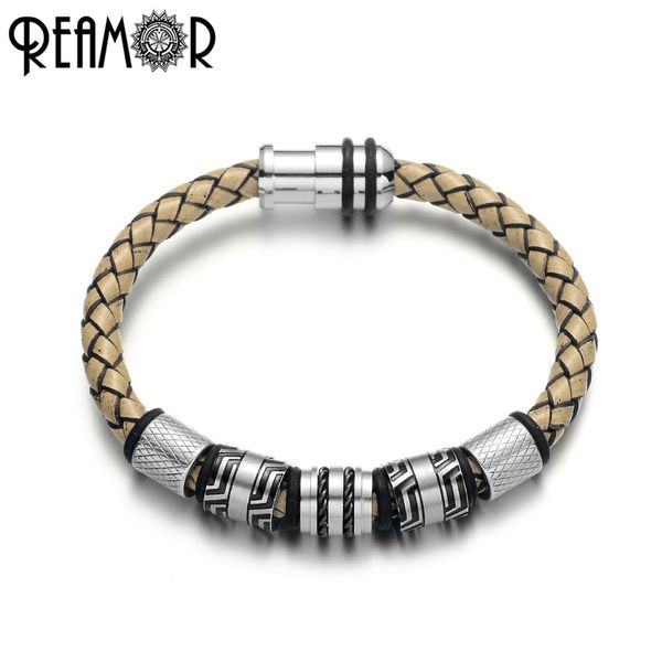 

reamor vintage gray genuine leather braided bracelet men black color stainless steel cuff bracelets & bangles male jewelry gift, Golden;silver