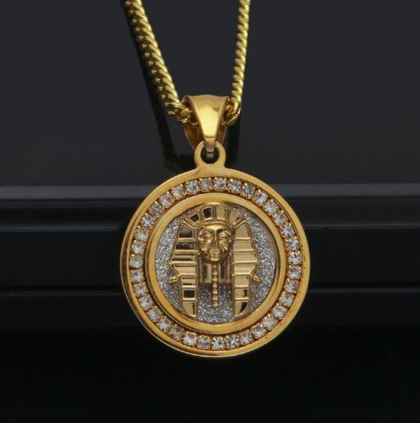 

hiphop jewelry necklace gold color iced out copper round pendant mini egyptian pharaoh stainless steel diamond pendant, Silver