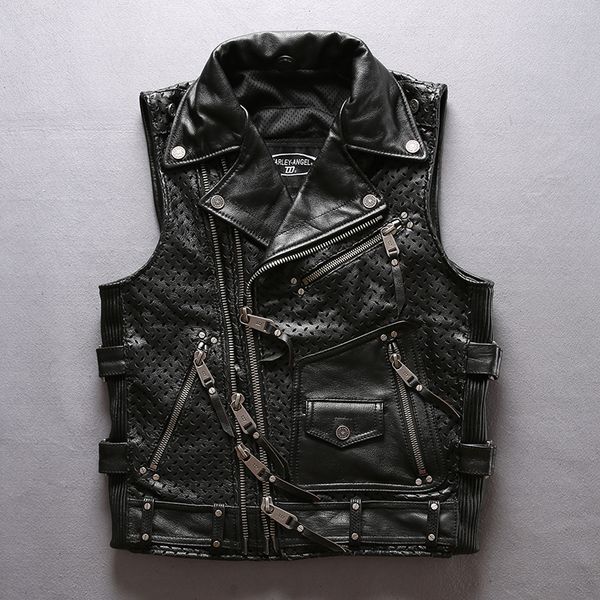 

2019 men's cowhide vest mesh breathable oblique zippper thick genuine leather motorcycle rider vest plus size sleeveless coats, Black;white