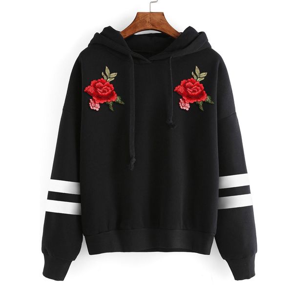 

womens sweatshirt hoodies long sleeve hooded fleece patchwork rose printed jumper appliques pullover blouse sudadera mujer, Black