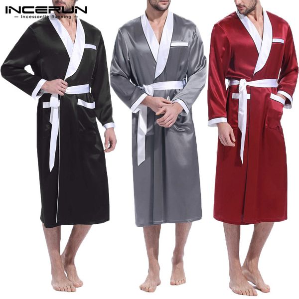 

men's sleepwear incerun fashion men bathrobes long sleeve kimono patchwork v neck comfort robes nightgown pockets mens dressing gown, Black;brown