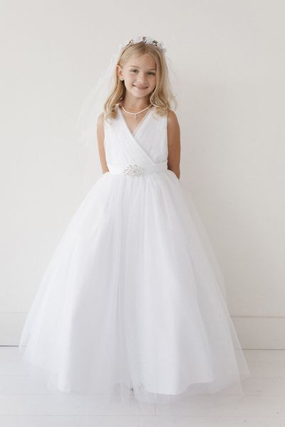 

new arrival white holy communion gowns a line tulle v neckline beaded belt pleating long holy communion dresses for sale