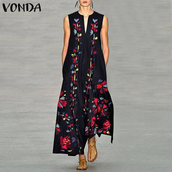 

vonda women floral printed dress 2019 boho summer sleeveless party long shirt dress femme casual loose vestidos plus size, Black;gray