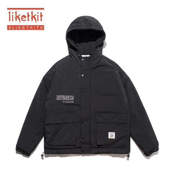 

liketkit mens winter warm parkas 2019 male print pockets solid thick hooded jackets men oversize korean style casual windbreaker, Black