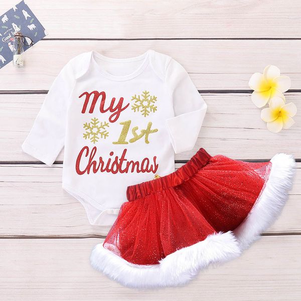 

my first christmas newborn infant baby girls letter christmas romper tutu skirt outfits set conjunto infantil menino, White