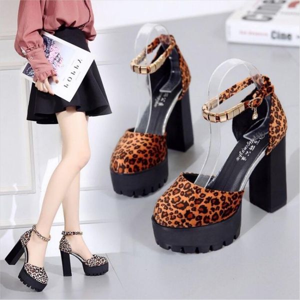 

12cm sky-high heels women leopard chunky heel female platform pumps sandals buckle round toes europea 2020 news red, Black