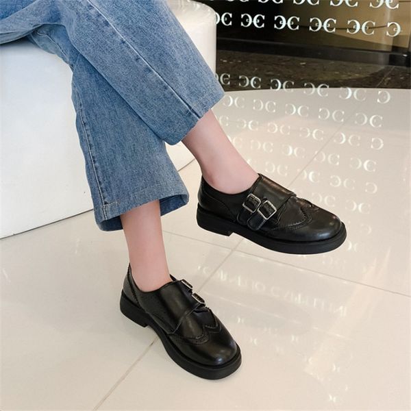 

pxelena 2020 spring british derby shoes woman oxfords buckle fretwork wingtip brogues shoes low heels casual comfort daily, Black