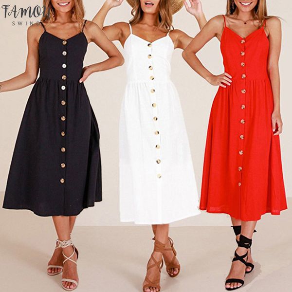 

2020 backless floral print beach summer dress casual strap button v neck red white black midi dresses sundress female, Black;gray