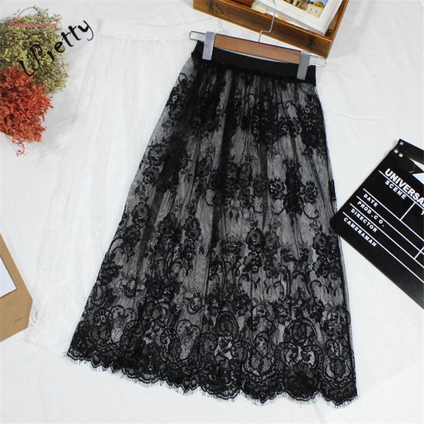 

women lace mesh skirt spring summer casual high waist elastic floral hollow out a line see through tulle long 142, Black