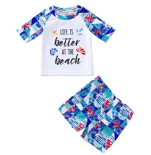 

boy beach floral print short sleeve swim suit two-piece boy o-neck and short pant swimwear suit kids summer swimming clothes two pieces, White